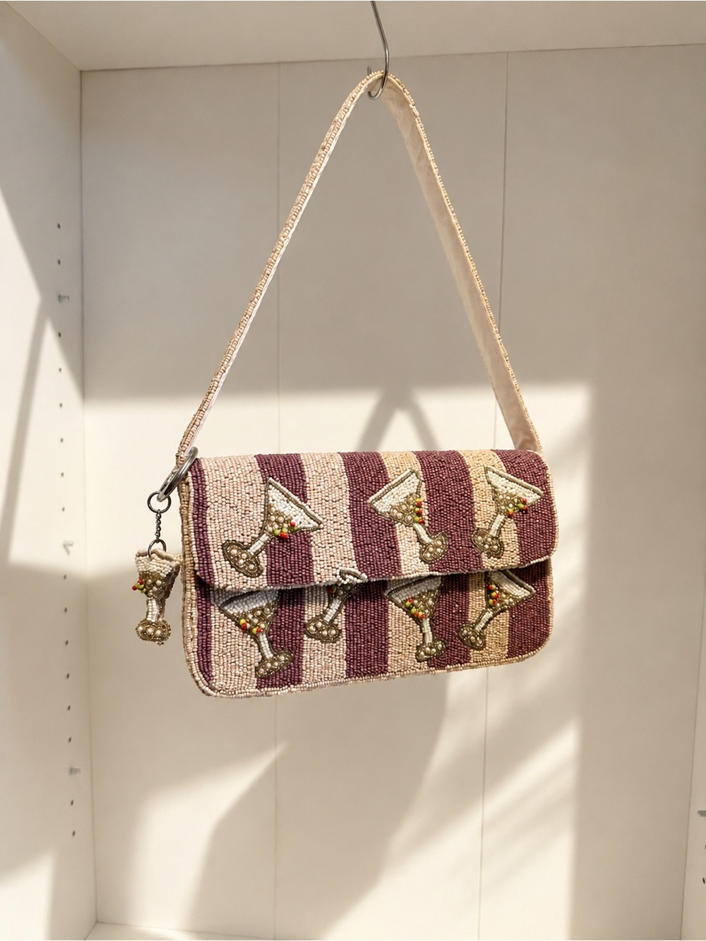 Beaded Cocktail Motif Shoulder Bag in Plum and Cream